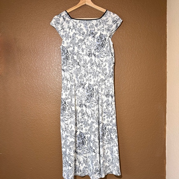 LOFT 90s Silk Babydoll Floral MIDI Dress Sz 6 Black White Blue Flowy Fairy Y2K - Picture 2 of 12